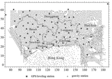 Fig. 2. Distribution of GPS/leveling stations and gravity measurement points (the coordinates in km are in Hong Kong 1980 grid system).