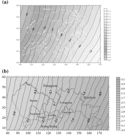 Fig. 4. (a) HKGEOID-2000. (b) SZGEOID-2001.