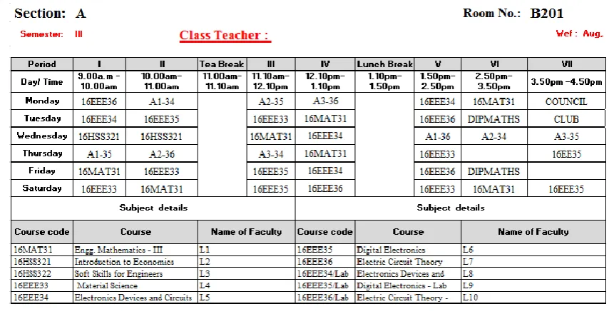 Fig.1. Time Table with required detail for 2016-2017  