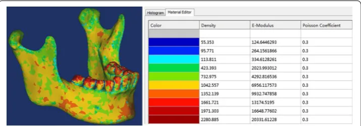 Fig. 3 Material properties of the mandible model based on HU values from the CT images