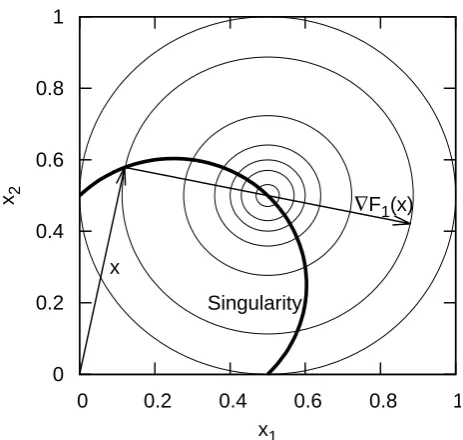 Fig. 1. Example of a singularity in the tagging method. The forcing term F1(x) is shown in thinlines with isolines 0.,0.1, 0.2, 0.23, 0.24, 0.245, and 0.249 with a maximum in the middle