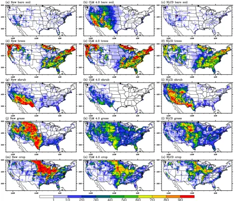 Fig. 4. Distribution of bare soil, shrub, grassland and crop over CONUS for new parameters, CLM 4.0 parameters and NLCD