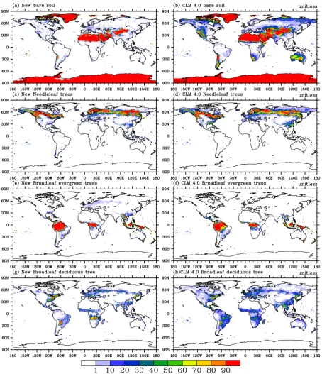 Fig. 1. Global distribution of bare soil, needleleaf trees, broadleaf evergreen trees and broadleaf deciduous trees for new and CLM 4.0 PFTparameters