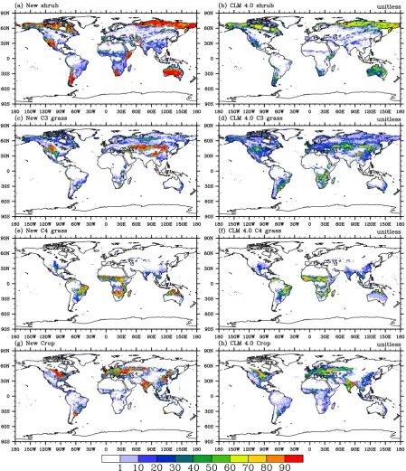 Fig. 2. Global distribution of shrub, C3 grass, C4 grass and crop for new and CLM 4.0 PFT parameters