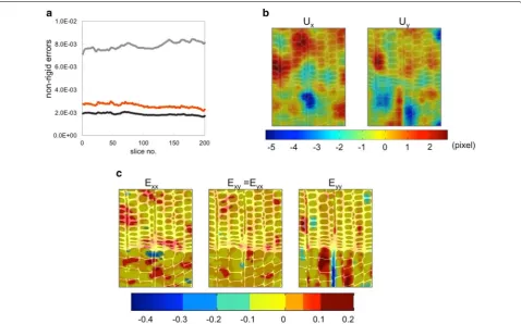 Fig. 6 a Errors between reference and registered images after non-rigid registration for each slices of the volume, using an intensity-based method for  R1 (grey) and  R2 (black) estimation and a point-based registration  RP (orange)
