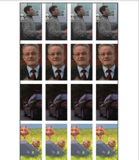 Fig. 4 Zoomed portion in the left view. From left to right, resolution enhancement results of different methods (ground truth, bicubic, method in[7], and the proposed method)