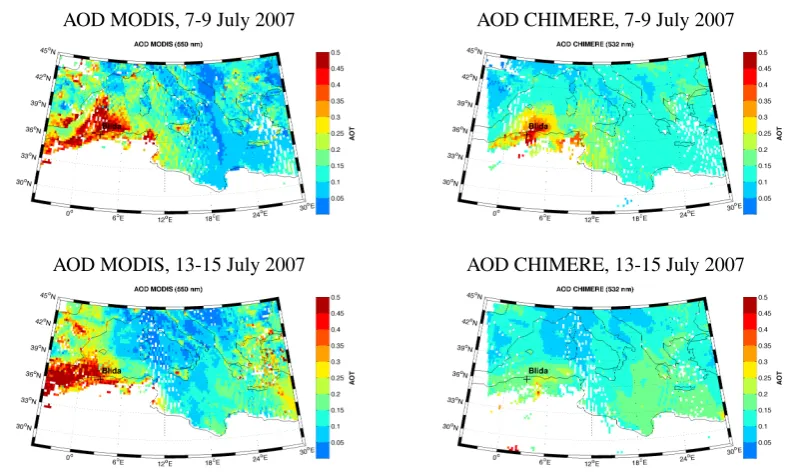 Fig. 11.Fig. 11. Maps of mean AOD by MODIS (550 nm) and CHIMERE (532 nm) during the 7–9 and 13–15 July 2007 dust events