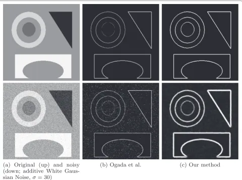 Fig. 5 Edge maps of a synthetic image: a original and noisy (white Gaussian noise) image, b image generated from the Ogada et al
