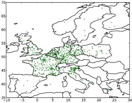 Fig. 1. Example of the location of MACC ozone ground-basedstations for the 1 July 2010 .