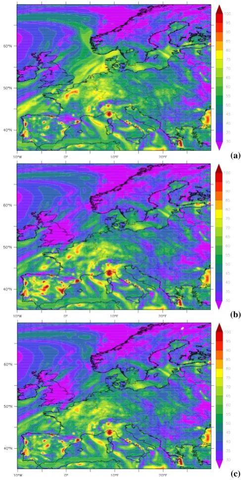 Fig. 9. Surface ozone concentration (in ppb) on the 7 July 2010 at14:00:00 UTC for the (a) DIRECT simulation, (b) PERCENT simu-lation, (c) OPER simulation, see Table 1 for details on the experi-ments.