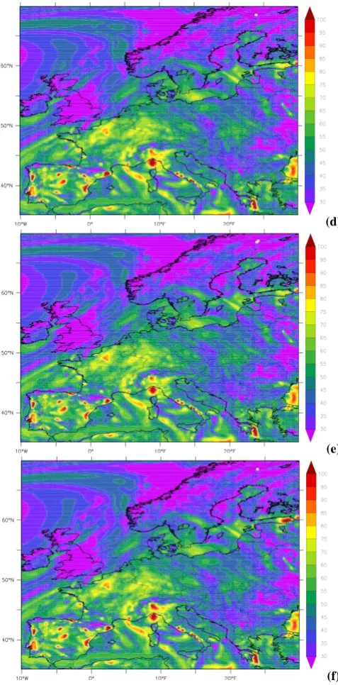 Fig. 9. Surface ozone concentration (in ppb) on the 7 July 2010 at14:00:00 UTC for the (d) STD simulation, (e) LXY simulation, (f)STDLXY simulation (continued).