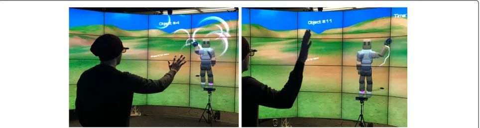 Fig. 9 Exercise modes. Exercises in flipped mode (left) and trail mode (right). The flipped mode (left) requires users to use the opposite side tomanipulate the avatar correct side (i.e., right physical hand activates left virtual hand, and vice-versa), wh