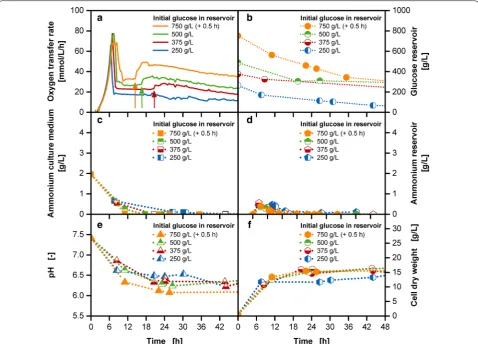 Fig. 2 Characterization of abrupt OTR increases in the fed-batch phase at varied initial reservoir glucose concentrations with the membrane-based fed-batch shake flask