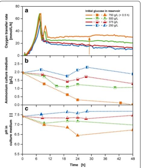 Fig. 5 Characterization of the multi-component fed-batch membrane: Reichelt 10–20 kDa, membrane area: 18.1 mmcultivations with varied initial glucose concentrations and 40 g/L ammonium carbonate in the reservoir with the membrane-based fed-batch shake flas