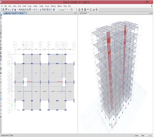 Figure 2: Window of ETAB 2016 showing plan and 3D view of structure 