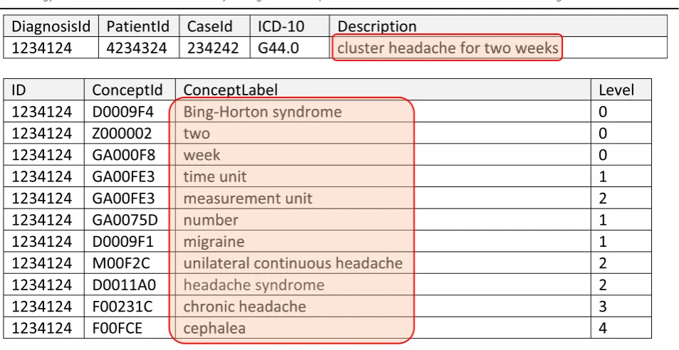 Table 1 Sample of the resulting data structure. The upper table represents a diagnosis table that has a primary unique key(DiagnosisId), a patient and case key, an ICD code and a description of the diagnosis