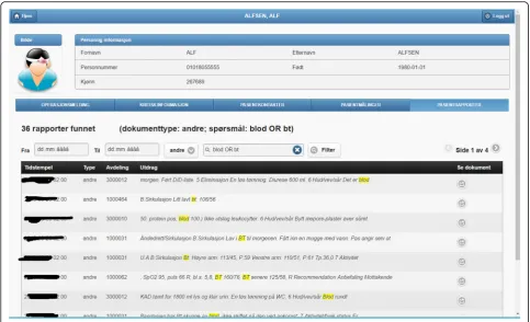 Fig. 3 Example of a document search asking for documents of type “andre” (“other” in Norwegian) containing the keywords “blod” (“blood” inNorwegian) or “bt” (abbreviation of blood type)