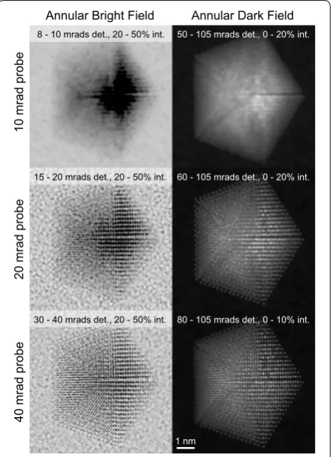 Fig. 5 STEM image simulations of a Pt decahedral nanoparticle sit-ting on an amorphous carbon substrate
