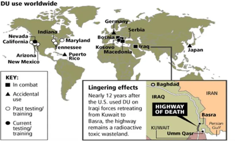 Fig. 1: Map of world explain Depleted Uranium in Iraq and around the world 