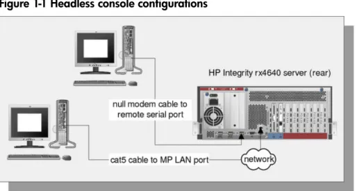 Figure 1-1 shows headless consoles connected to an HP Integrity server.