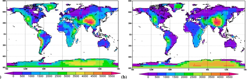 Fig. 1. Land-sea distribution on the ocean model grid as used in the PMIP3 PI control simulation (a) and the PlioMIP mid-Pliocene simulation(b) of experiment 2