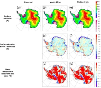 Fig. 6. (a) Left column (a): Modern observed (Le Brocq et al., 2010, averaged to 20 km grid)