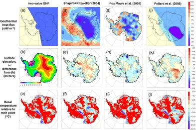 Fig. 7. Modern model results with various prescribed geothermal heat ﬂux (GHF) distributions, 40 km resolution, using basal sliding coef-ﬁcient distribution from inverse method described in PD12