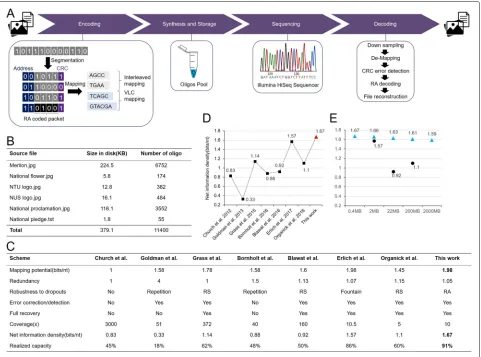 Fig. 1 The proposed architecture of DNA data storage, stored data and results of scheme performance