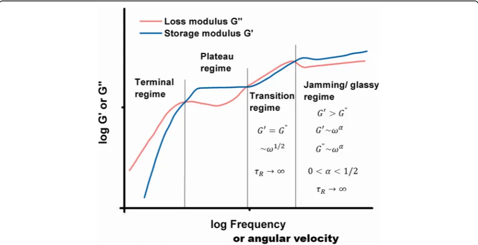 Fig. 2 Schematic presentation of storage and loss moduli vs. angular velocity for: (1) the terminal regime (the Maxwell model, eq.glass regime (eq.plateau regime (the Kelvin-Voigt model, eq