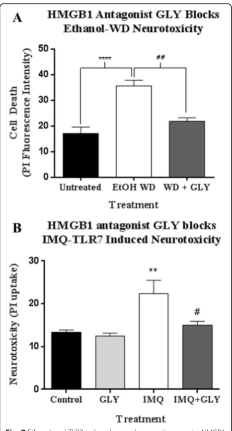 Fig. 7 Ethanol and TLR7-induced neurodegeneration require HMGB1release. a Hippocampal brain slice cultures were treated withethanol or vehicle alone for 48 h followed by 24 h of ethanolwithdrawal (WD) to induce neurotoxicity +/− HMGB1 antagonistglycyrrhizi