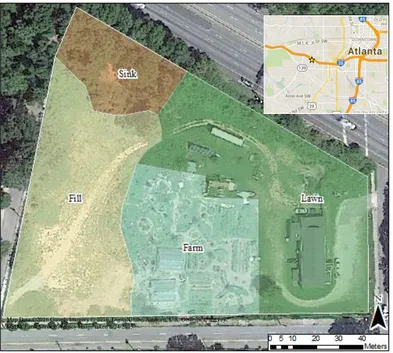 Figure 1: Satellite image of the Good Shepard urban farm property with sampling locations labeled