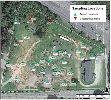 Figure 2: Satellite image of the Good Shepard urban farm property with sampling locations labeled