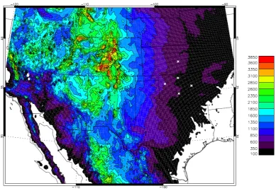 Fig. 8. Topology of the USA (m). This is used to initialise the surface heights for the gravity wave simulations in the 3DVOM model