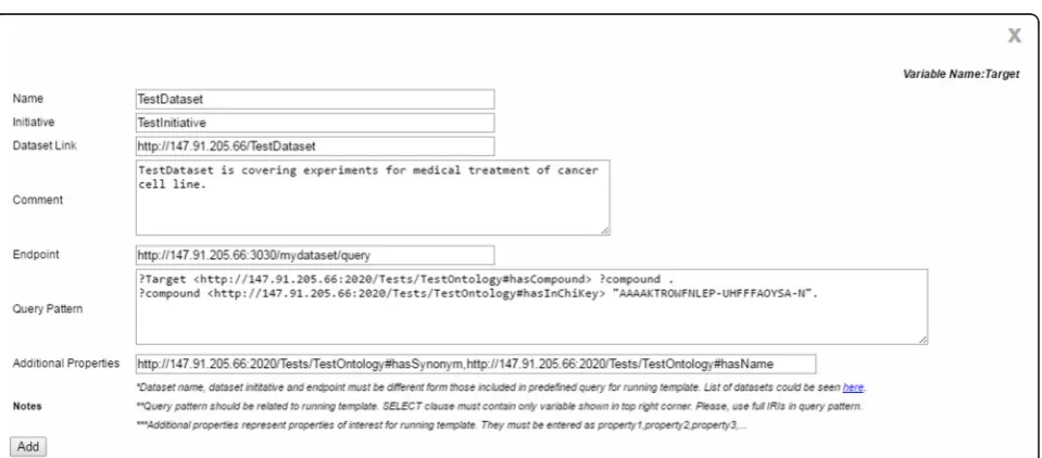 Fig. 5 Adding new dataset to predefined query. This figure shows the pop-up window that allows users to incorporate any new dataset not in-cluded in the predefined list of datasets for an existing template