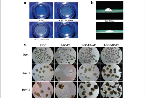 Fig. 7 MC-coated hydrogel dishes for hESCs differentiation.temperatures; a Original photograph s of the MC Hydrogel-coated in a polystyrene dish at distinct b Photograph of a water drop on the surface of the MC hydrogel coated in a polystyrene dish in the 
