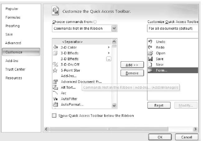 Figure 1.5 Adding the Data Form icon to the Quick Access Toolbar 