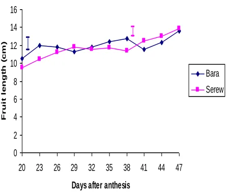 Fig. 2 Variations in average fruit diameter of bara and serewe harvested at different days after anthesis