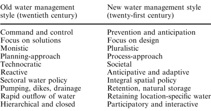 Table 3. contains the principles of the new water man- man-agement style. The old water manman-agement style can be characterized by a control-paradigm with a sectoral and