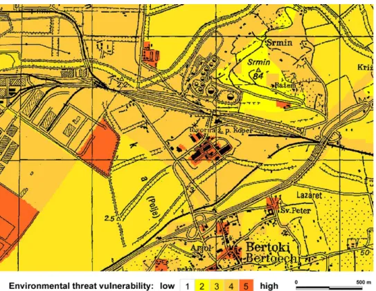 Fig. 10. Environmental threat vulnerability for thermal radiation in the vicinity of the LPG storage facility.