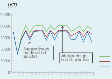 Figure 1: Wealth evolution under different adaptation scenarios