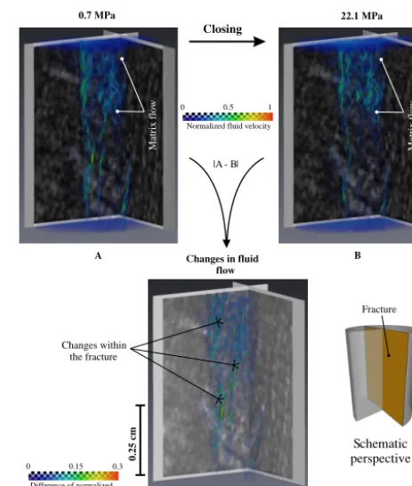 Figure 6. Changes in 3-D ﬂuid ﬂow sample due to closing (A andfracture. Absolute changes increase from purple to red