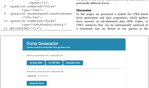 Fig. 5 Front page of the form generator. User interface of the front page of the form generator, where users can choose what form to fill in from alist of pre-generated forms, or upload their own configuration file for generating a form