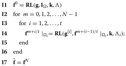 Fig. 1, the observed imageFigure 1 illustrates the procedure of interlaced BI-RL. In g is decomposed into four blockimages g[i], i = 1, 2, 3, 4, defined on 2 × 2 rectangularly-