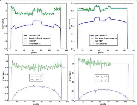Fig. 6 Line profiles of reconstructions of the Shepp–Logan phantom in a local tomography setup