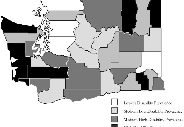 Figure 2 shows counties grouped into fourths by their disability prevalence.  