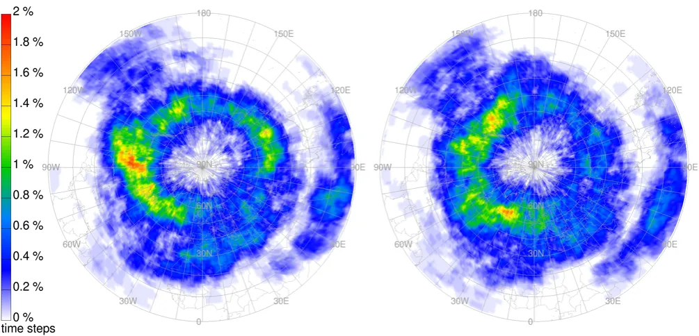 Fig. 7. Two-year climatology of the spatial distribution of (left) jet stream merging and (right) jet stream splitting events