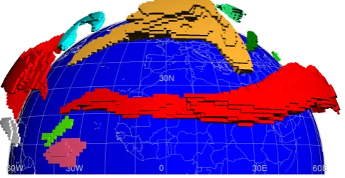 Fig. 1. Example illustration showing all detected three-dimensionalfeatures at a single time step of a segmentation of jet streams inthe Northern Hemisphere (perspective projection, vertically exag-gerated)