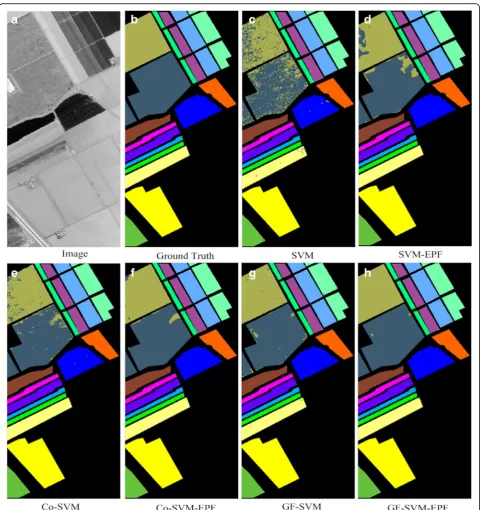 Fig. 4 Qualitative results on the Salinas dataset. a Image. b Ground truth. c SVM. d SVM-EPF