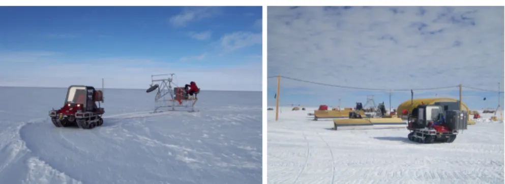 Fig. 12 MARVIN II rover towing a radar sled for a mono-static application (left) and a radar sled for a bi-static application (right) in Antarctica.