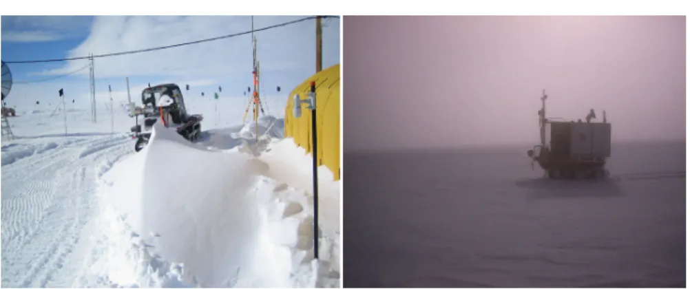 Fig. 2 A snow drift that formed overnight behind MARVIN II while in camp (left), and limited visibility due to blowing snow (right).